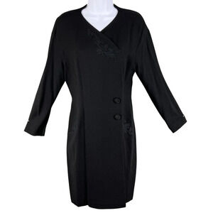 Linda Allrad Ellen Tracy Black Womens 8 100% Wool Embroidered Long Sleeve Dress
